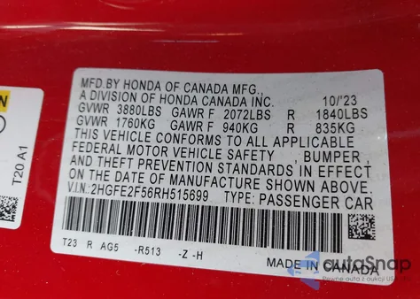 2024 Honda Civic Sport z USA, uszkodzony, nr VIN 2HGFE2F56RH515699